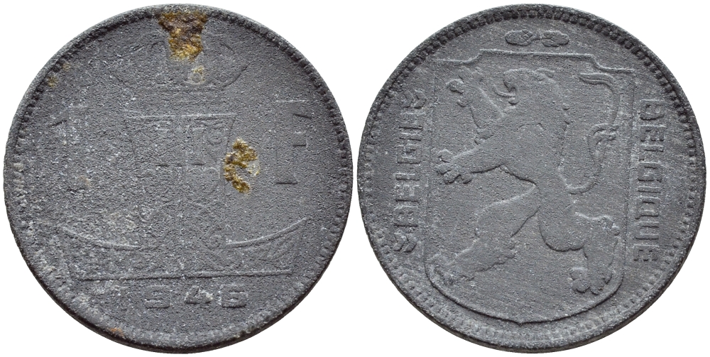 БЕЛЬГИЯ 1 ФРАНК 1946 BELGIE-BELGIQUE, ГЕРМАНСКАЯ ОККУПАЦИЯ, ВТОРАЯ МИРОВАЯ ВОЙНА KM 128 цинк 51-1654