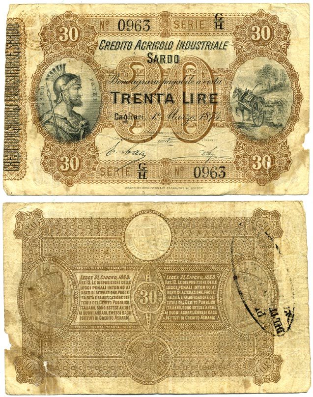 Италия, Сардиния 30 лир 1874, 1 марта 1874, credito agricolo industriale sardo, серия G/H Pick S925 бумага 7484-14-2