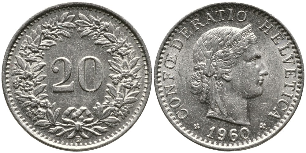 Швейцария 20 раппенов 1960 В KM 29а медно-никель 4529-735