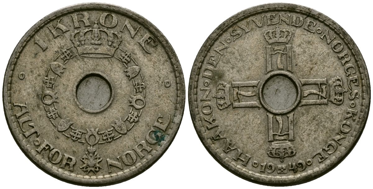 Норвегия 1 крона 1949 Хокон VII (1905 - 1957) KM 385 медно-никель 4582-555