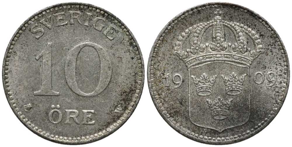 Швеция 10 эре 1909 W, Густав V (1907-1950) КМ 780 серебро 201-1066