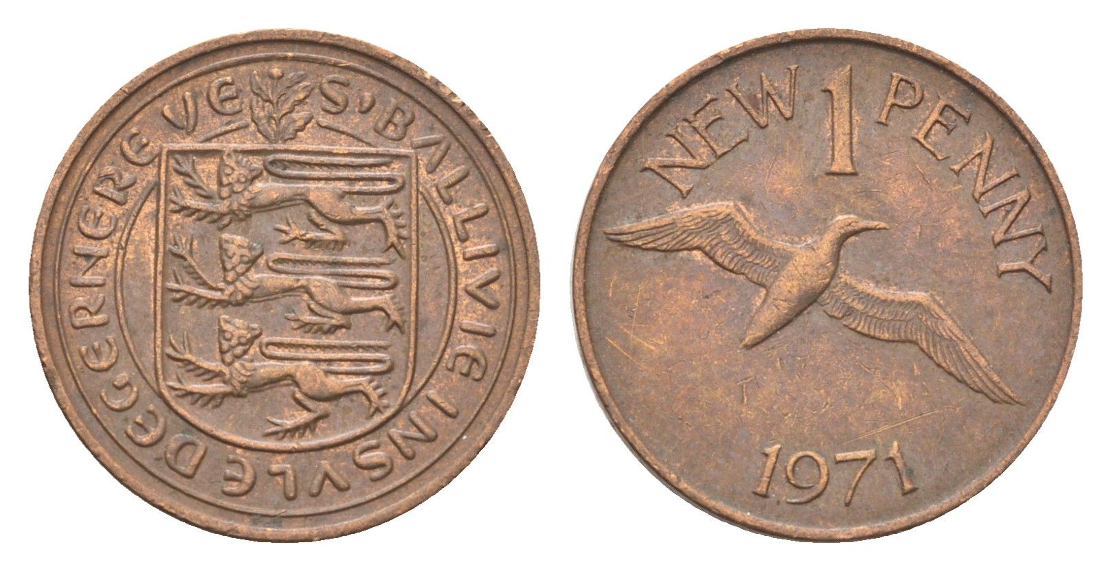 Гернси 1 новый пенни 1971 Елизавета II (1952-2022), северная олуша в полете KM 21 бронза 4702-715
