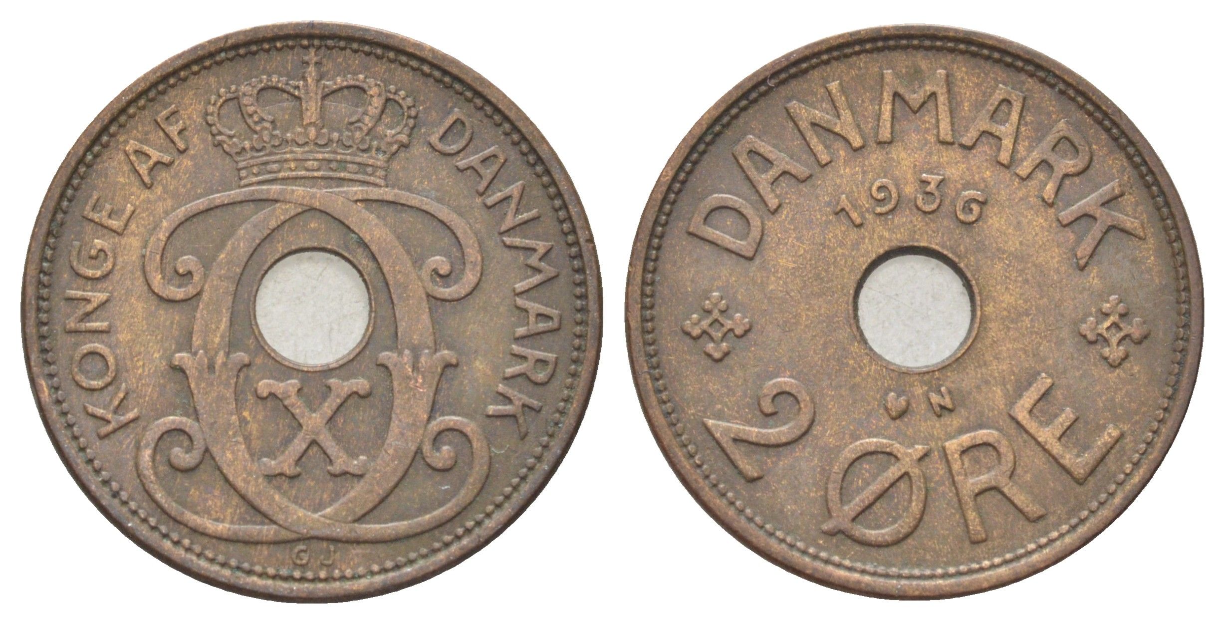 Дания 2 эре 1936 N, Кристиан X (1912-1947) KM 827 бронза 4701-831
