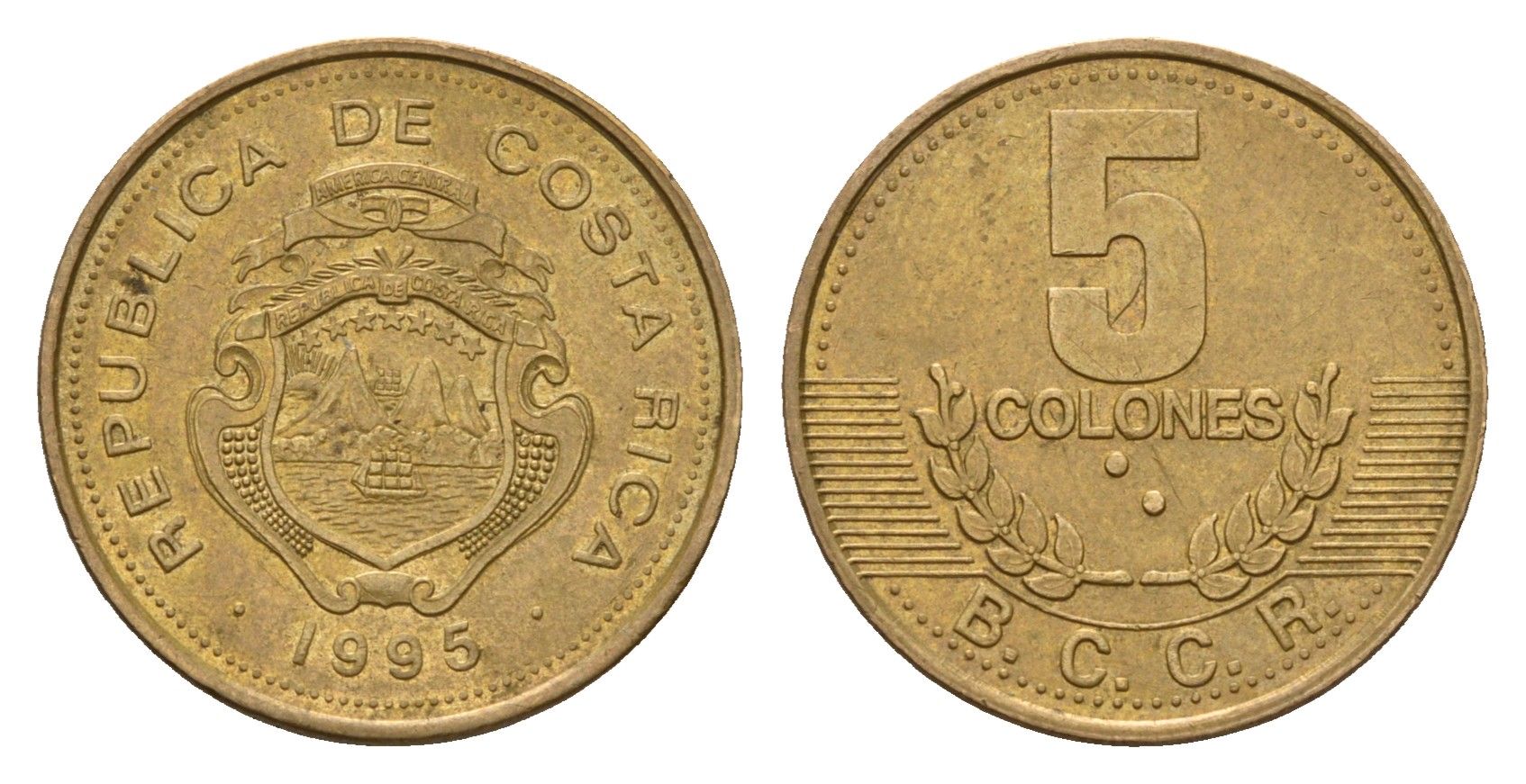 Коста-Рика 5 колонов 1995 год-тип KM 227 сталь плакированная бронзой 4679-742