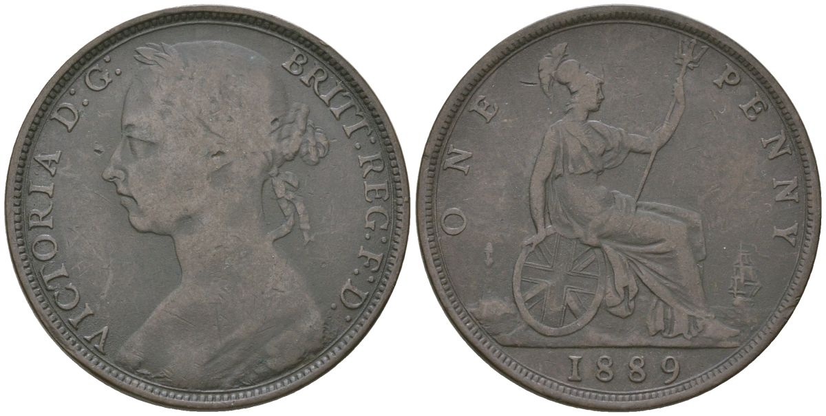 Великобритания 1 пенни 1889 Виктория (1837-1901) KM 755, Spink 3954 бронза 4590-945