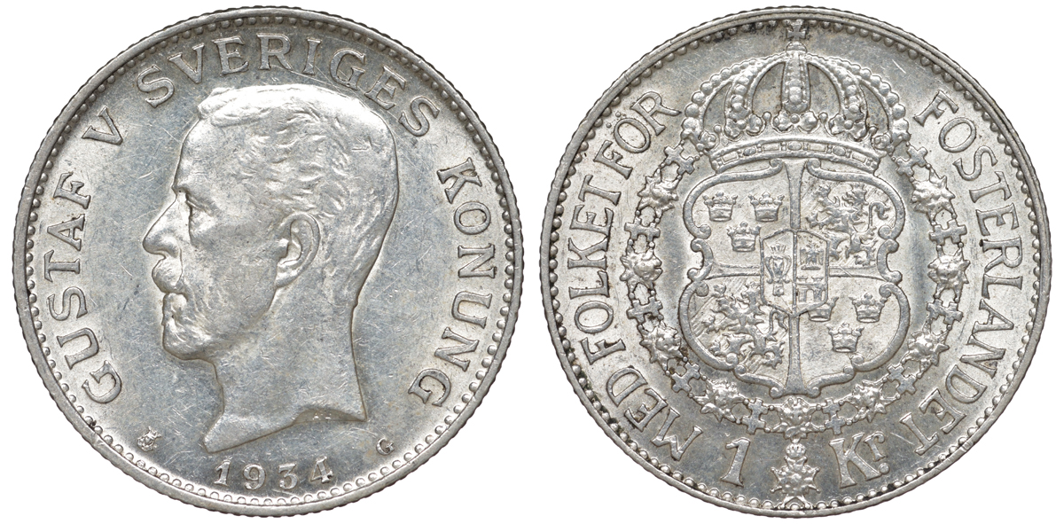 Швеция 1 крона 1934 G, Густав V (1907-1950) KM 786.2 серебро 4178-637