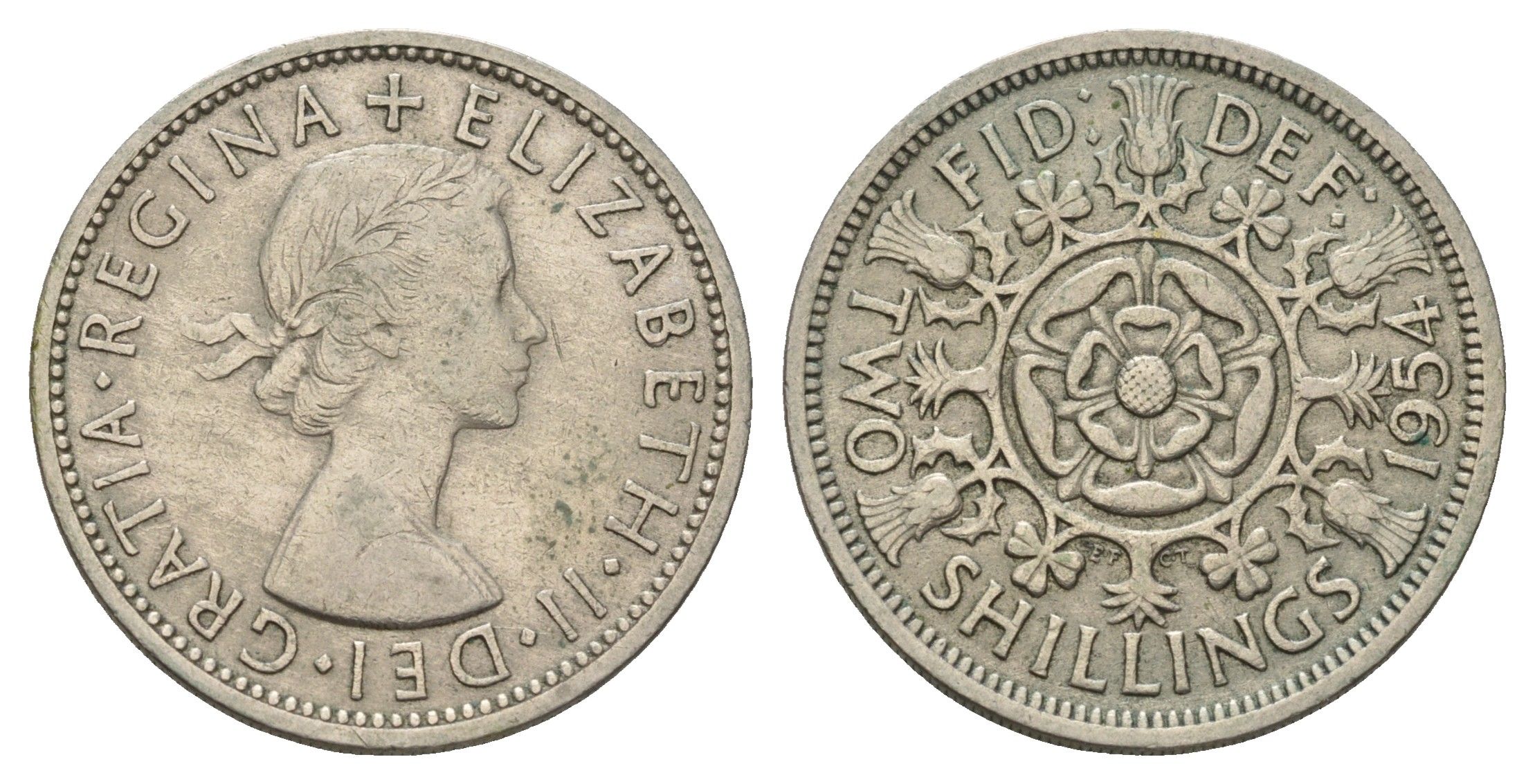 Великобритания 2 шиллинга (флорин) 1954 Елизавета II (1952-2022) KM 906, Spink 4146 медно-никель 4183-412