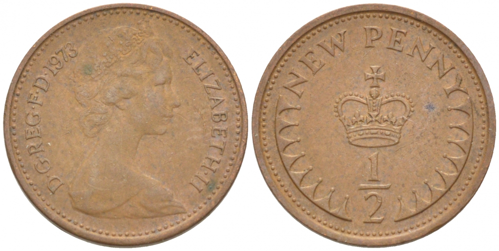 Великобритания 1/2 пенни 1973 Елизавета II (1952-2022) KM 914, Spink 4239 бронза 3851-1061