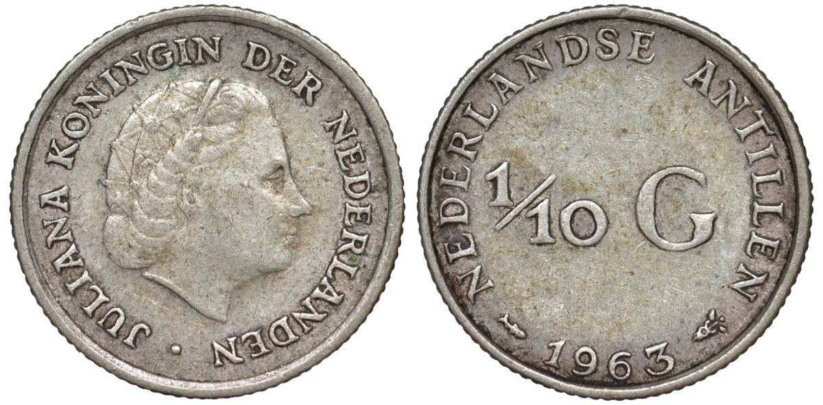 Нидерландские Антилы 1/10 гульдена 1963 Юлиана (1948-1980) KM 3 серебро 4178-142