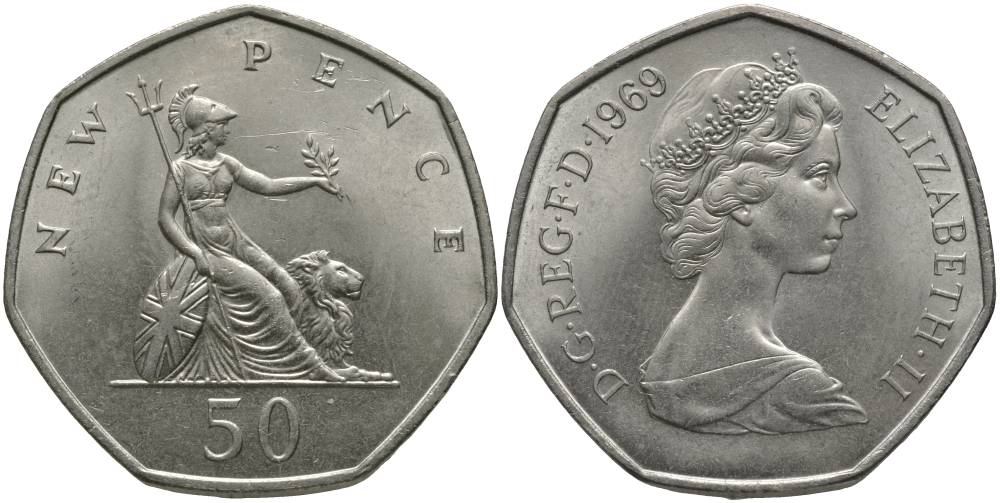 Великобритания 50 пенсов 1969 Елизавета II (1952-2022) KM 913, Spink 4223 (H1) медно-никель UNC 114-232