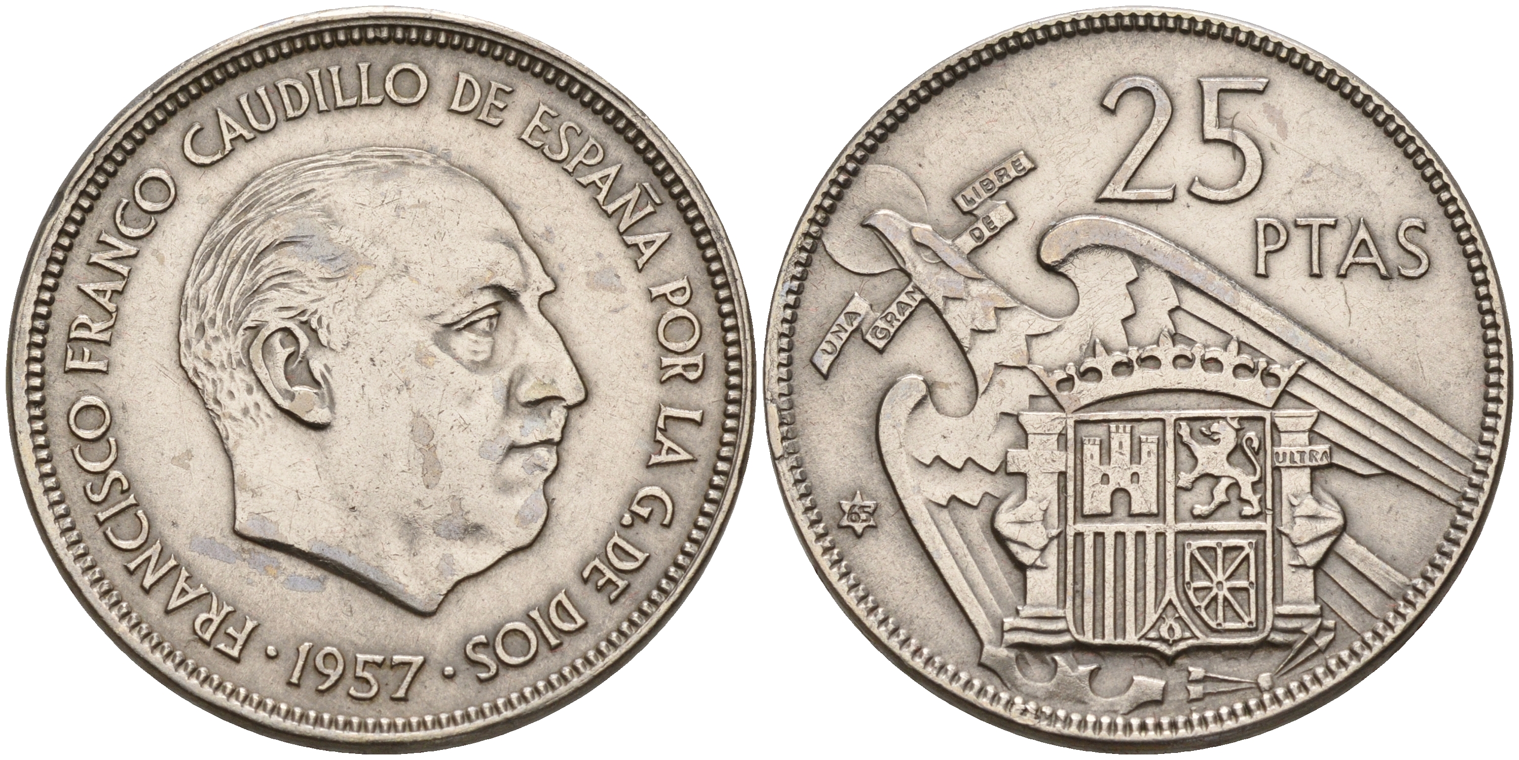 Испания 25 песет 1957 (65) Франсиско Франко (1939-1975) KM 787 медно-никель    4153-217