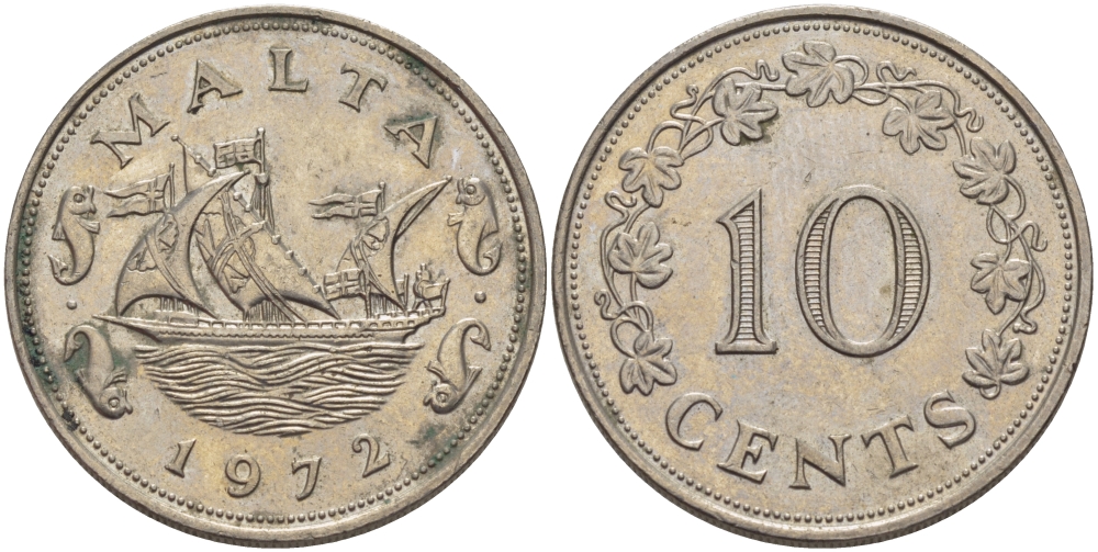 Мальта 10 центов 1972 баржа Великого магистра KM 11 медно-никель 82-611