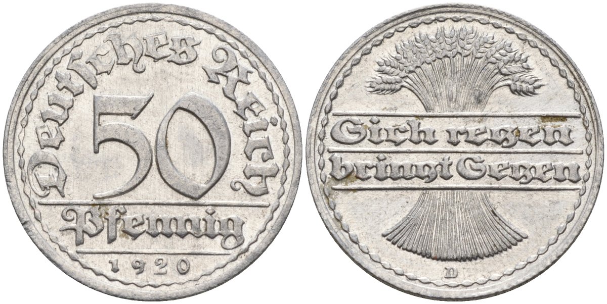 Германия 50 пфеннигов 1920 D KM 27, J.301, Weege 10 алюминий UNC 4584-731