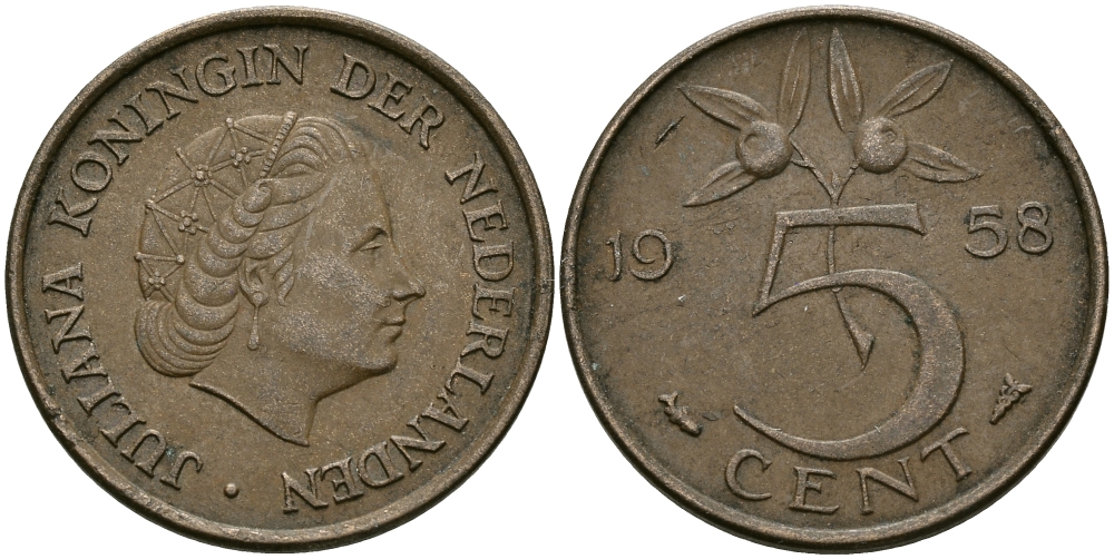 НИДЕРЛАНДЫ 5 ЦЕНТОВ 1958 ЮЛИАНА KM 181 бронза 95-335
