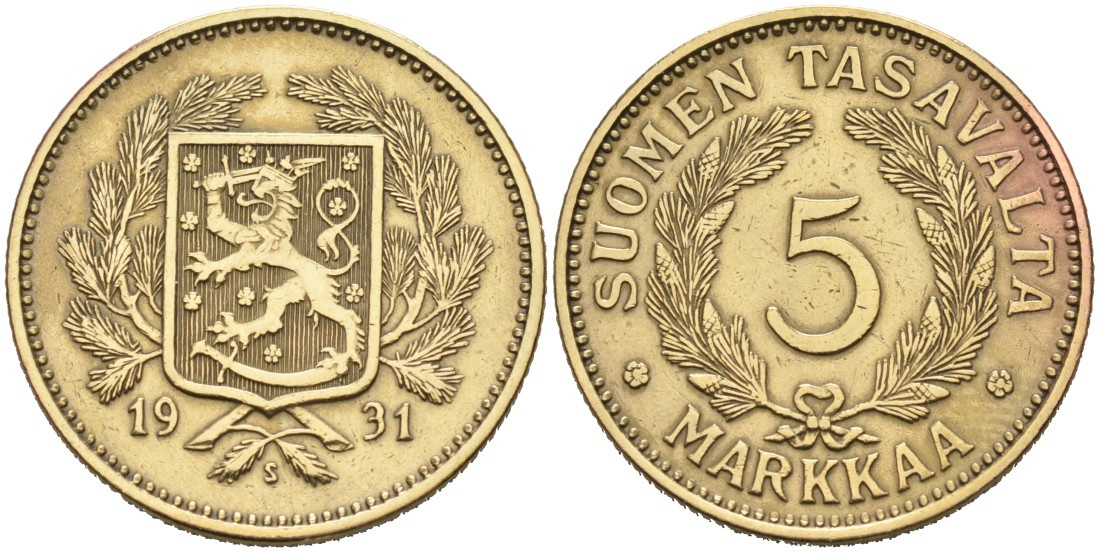 ФИНЛЯНДИЯ 5 МАРОК 1931 S KM 31 алюминиевая бронза 4563-345