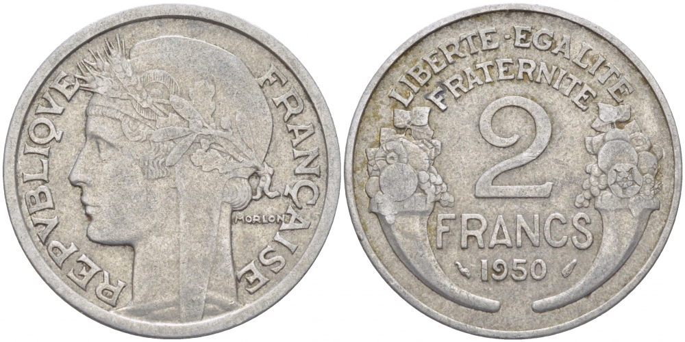 ФРАНЦИЯ 2 ФРАНКА 1950 KM 886а.1 алюминий 4402-1016