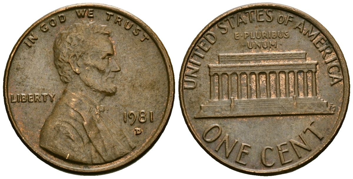 США 1 цент 1981 D, Линкольн KM 201 медь цинк 4136-213