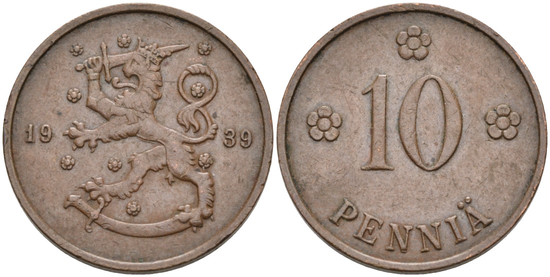 Финляндия 10 пенни 1939 KM 24 медь 4563-623