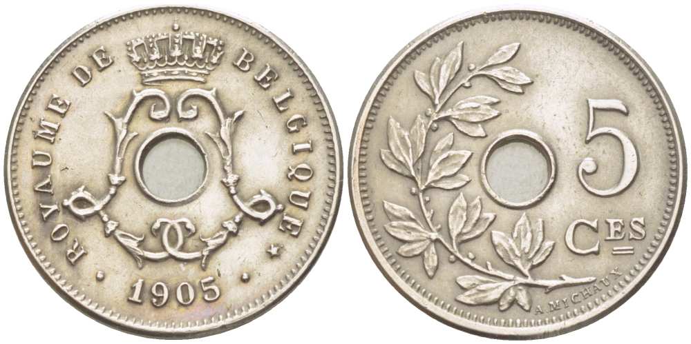 БЕЛЬГИЯ 5 САНТИМОВ 1905/4 BELGIQUE KM 54 медно-никель 100-1034