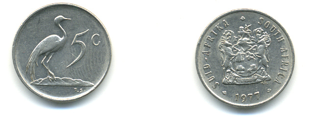 ЮАР 5 центов 1977 герб, райский журавль KM 84 никель UNC 86-1236