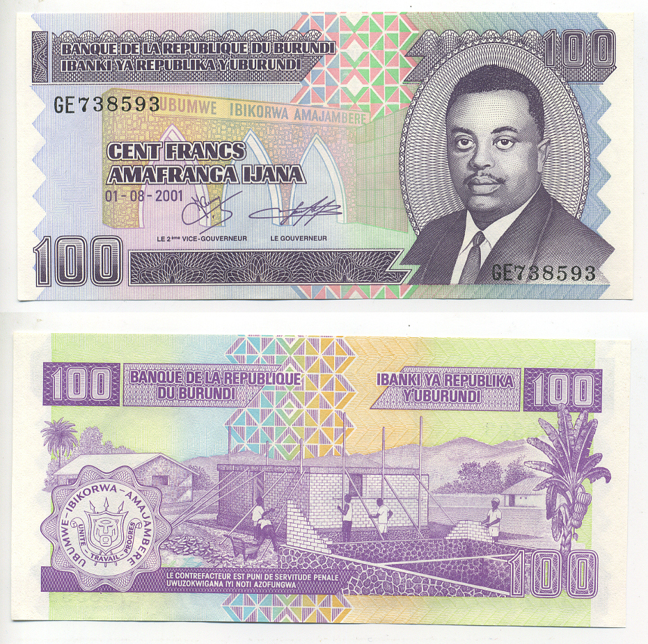 Бурунди 100 франков 2001 Кронпринц Луи Рвагасоре, строительство дома Pick 37 c бумага UNC (пресс) 6278-24-3-1