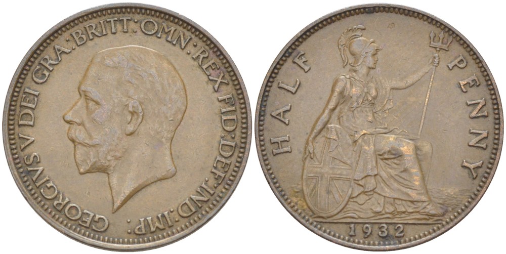 Великобритания 1/2 пенни 1932 Георг V (1910-1936) KM 837, Spink 4058 бронза 34-1012