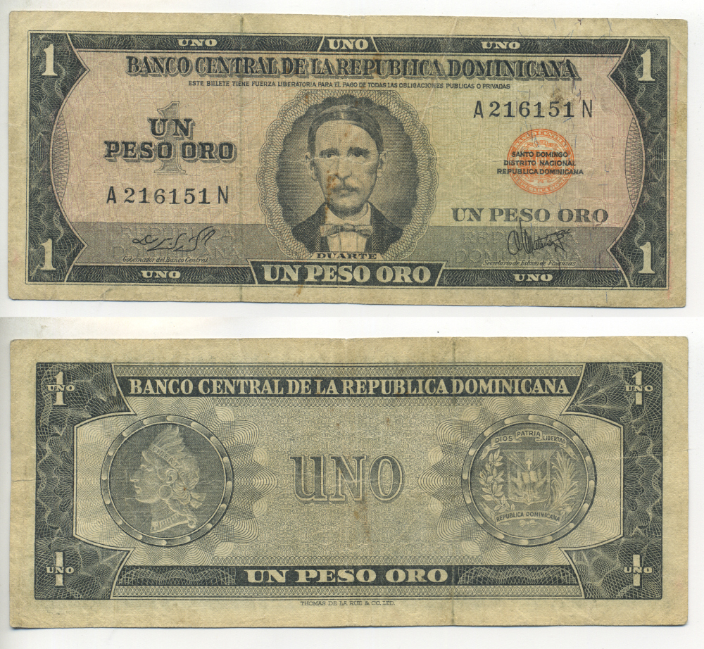 ДОМИНИКАНСКАЯ РЕСПУБЛИКА 1 ПЕСО 1973-1974 ПОРТРЕТ ДУАРТЕ, ПРИНТ TDLR Pick 107a бумага 7457-26-2