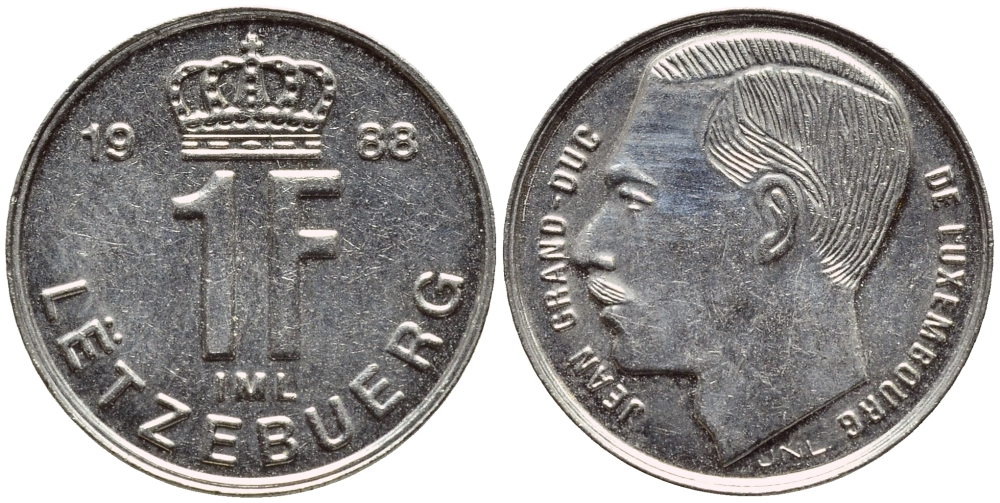 ЛЮКСЕМБУРГ 1 ФРАНК 1988 ВЕЛИКИЙ ГЕРЦОГ ЖАН KM 63 никель сталь 4396-1139