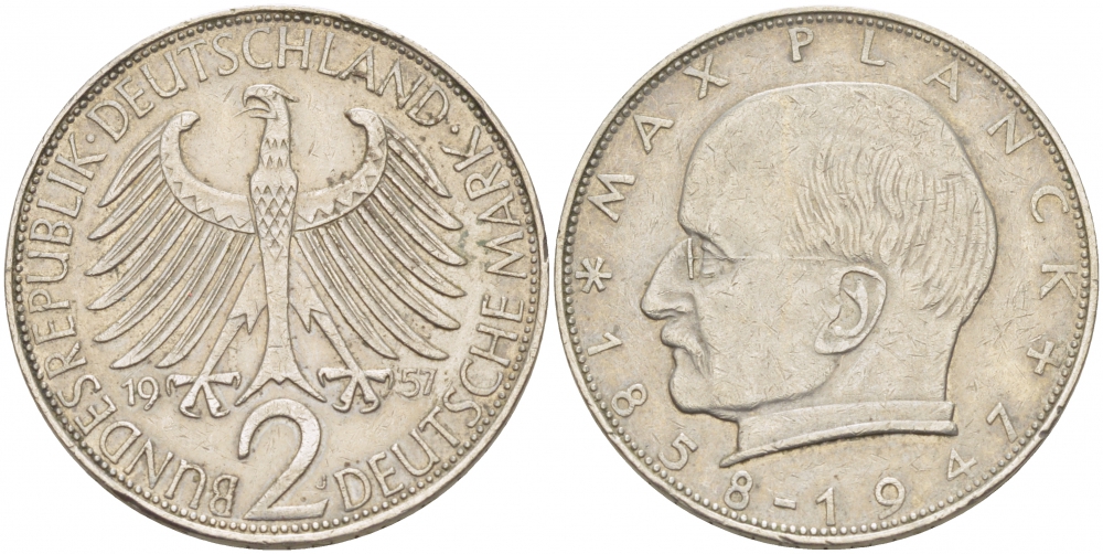 ФРГ 2 марки 1957 J , Макс Планк KM 116, J. 392 медно-никель плакированный никелем 3718-1245