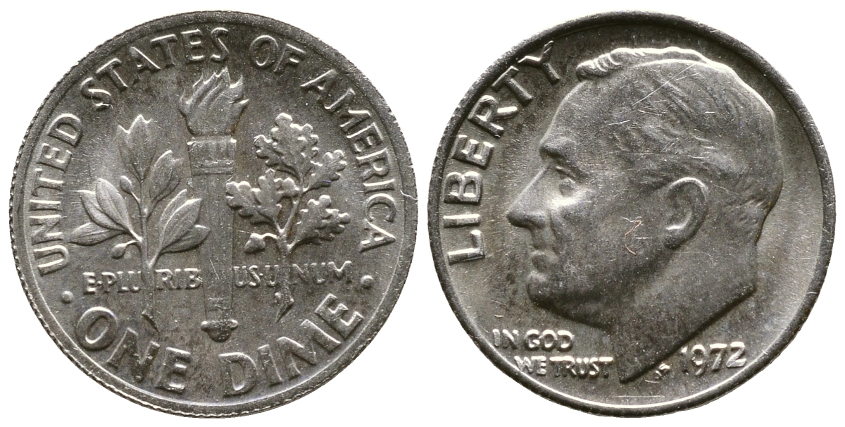 США 10 ЦЕНТОВ = 1 ДАЙМ 1972 РУЗВЕЛЬТ KM 195а медь плакированная медно-никелем 08-1453
