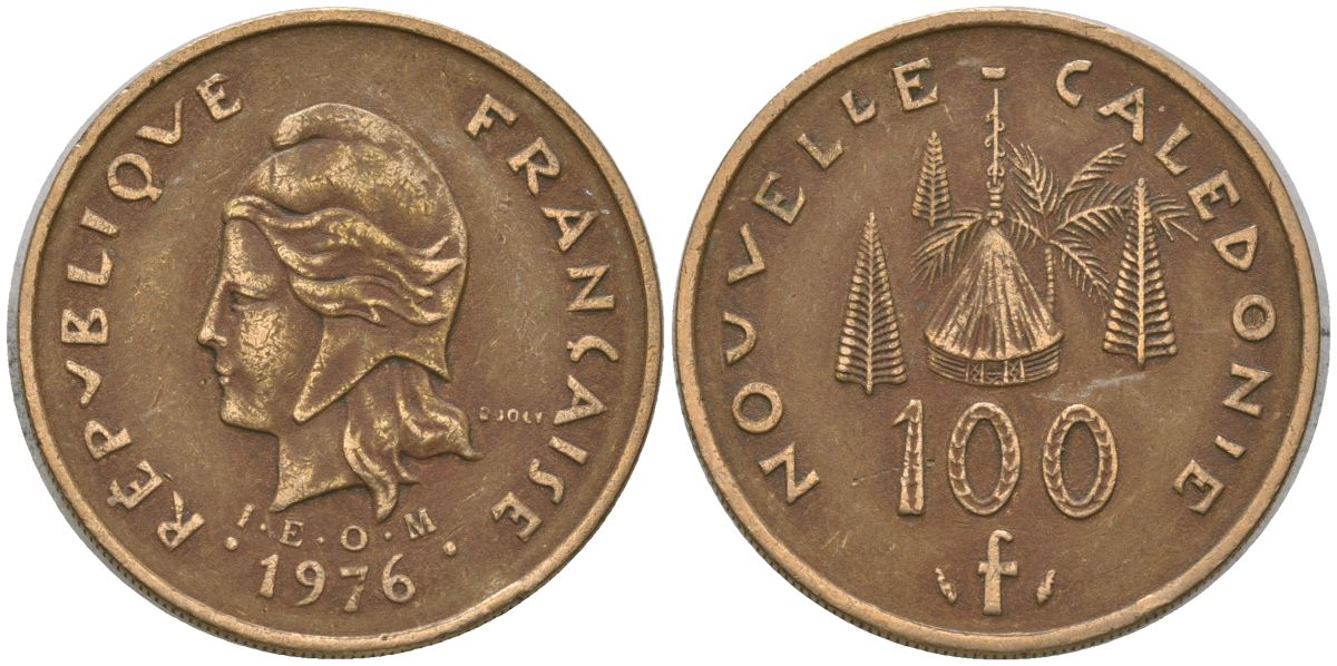 Французская Новая Каледония 100 франков 1976 хижина среди сосен и пальм, (IEOM) KM 15, Schoen 16, Lec 130 никель латунь 4137-523