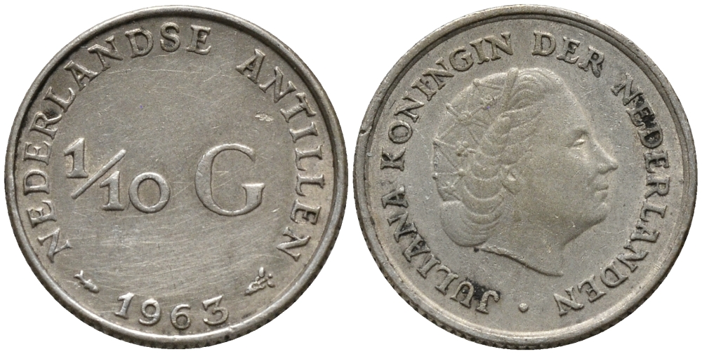 Нидерландские Антилы 1/10 гульдена 1963 Юлиана (1948-1980) KM 3 серебро 4387-964