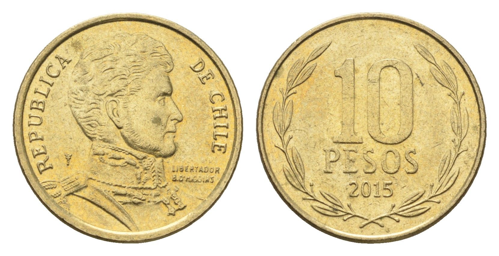 Чили 10 песо 2015 KM 228 никель латунь 4664-443