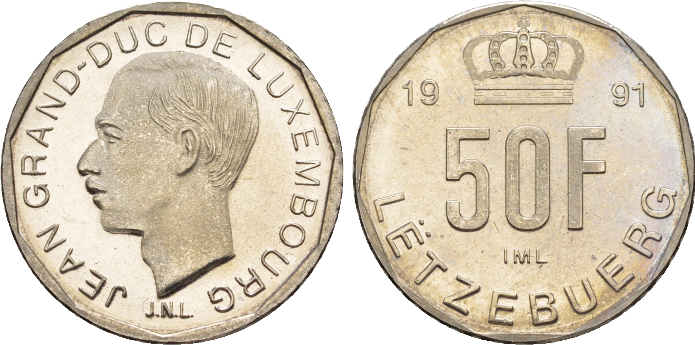 Люксембург 50 франков 1991 Великий герцог Жан (1964-2000), тираж 10.000 экземпляров KM 66 никель  BU  4635-1211