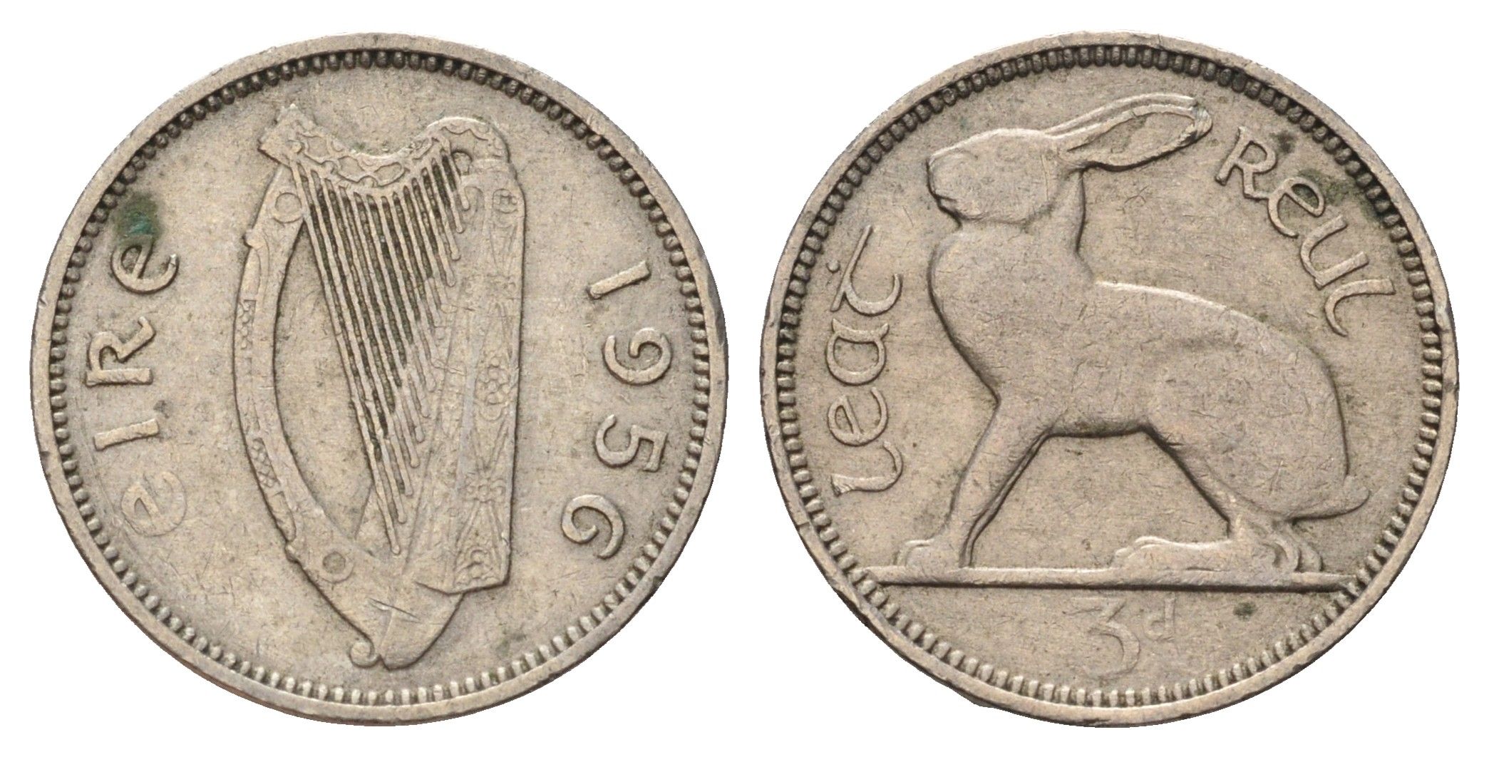 Ирландия 3 пенса 1956 заяц KM 12a медно-никель 4682-542