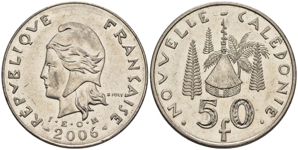 Французская Новая Каледония 50 франков 2006 хижина среди сосен и пальм, (IEOM) KM 13a, Schoen 15a, Lec 128i медно-никель 4144-825