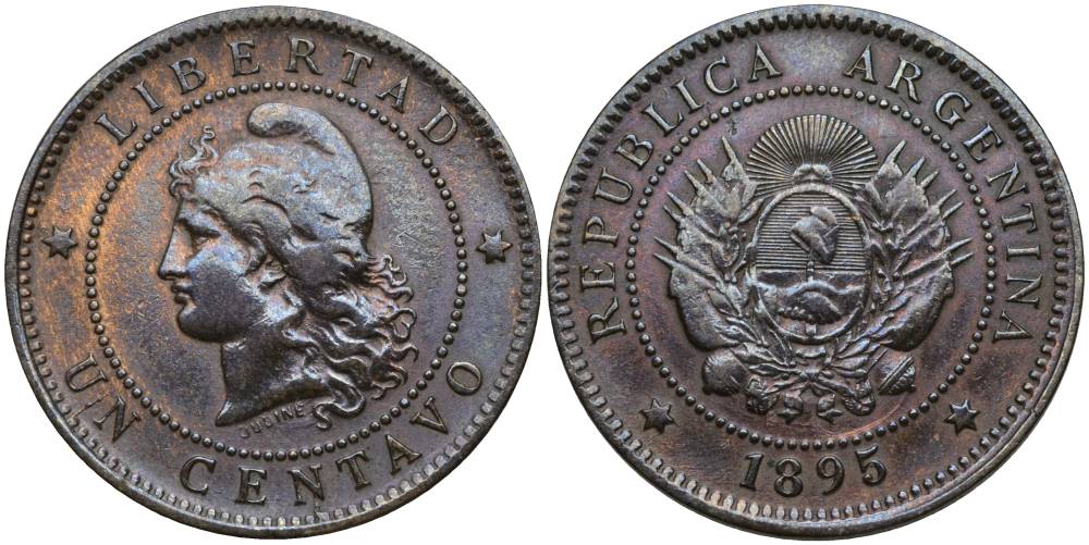 Аргентина 1 сентаво 1895 голова свободы влево KM 7 бронза 27-131