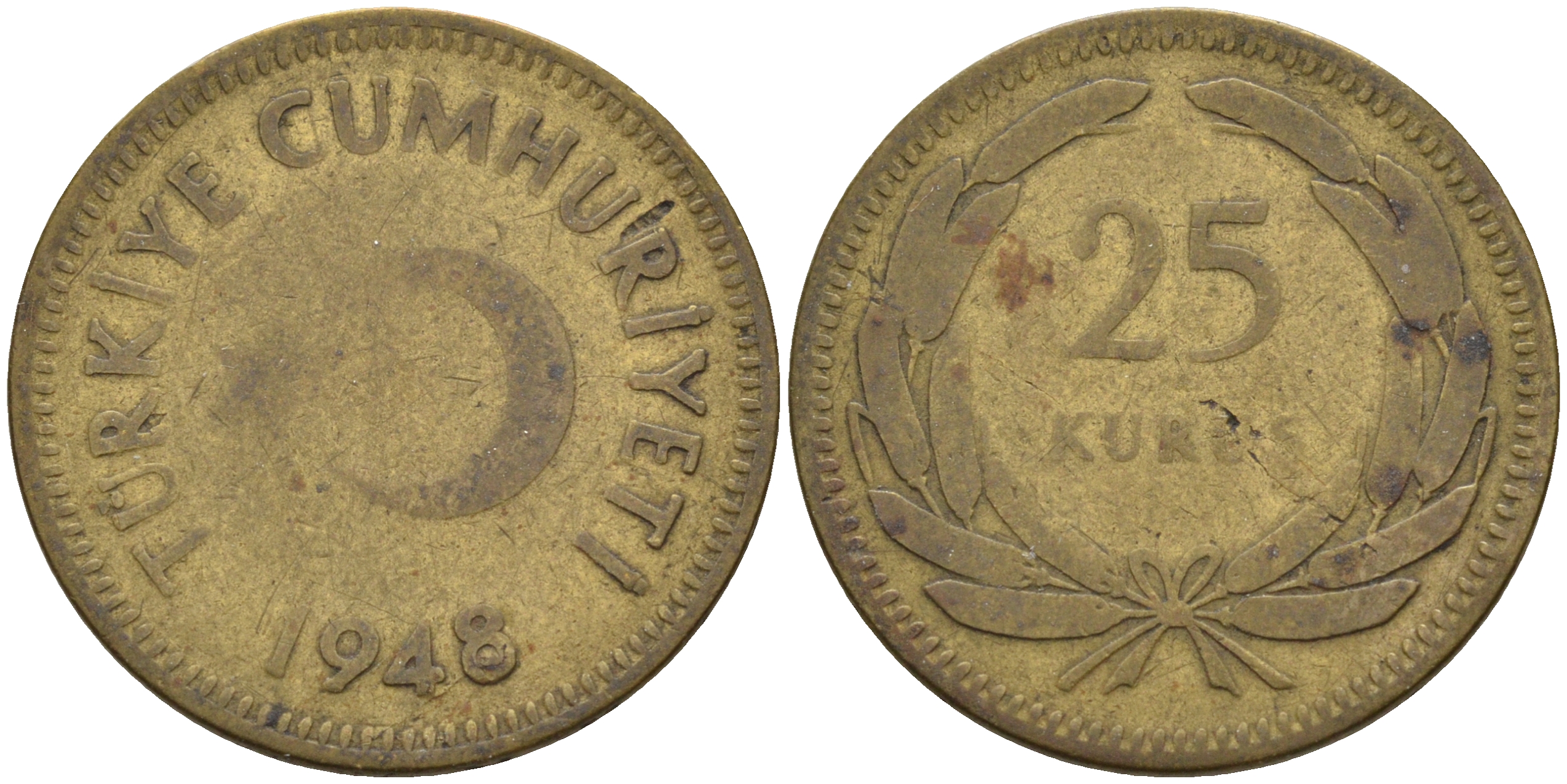 ТУРЦИЯ 25 КУРУШЕЙ 1948 KM 886 латунь 4592-252