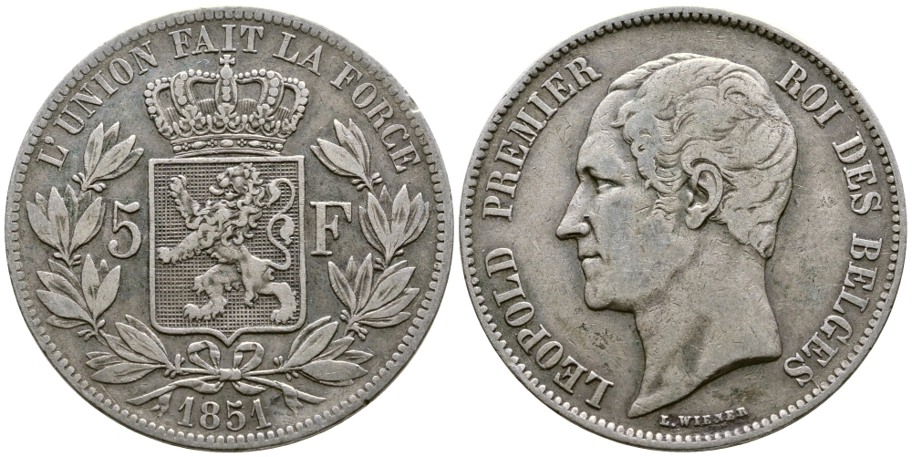 Бельгия 5 франков 1851 Леопольд I (1831-1865) KM 17 серебро 00-1067-4-14