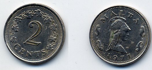 Мальта 2 цента 1977 Пентесилея, царица амазонок KM 9 медь цинк 57-427