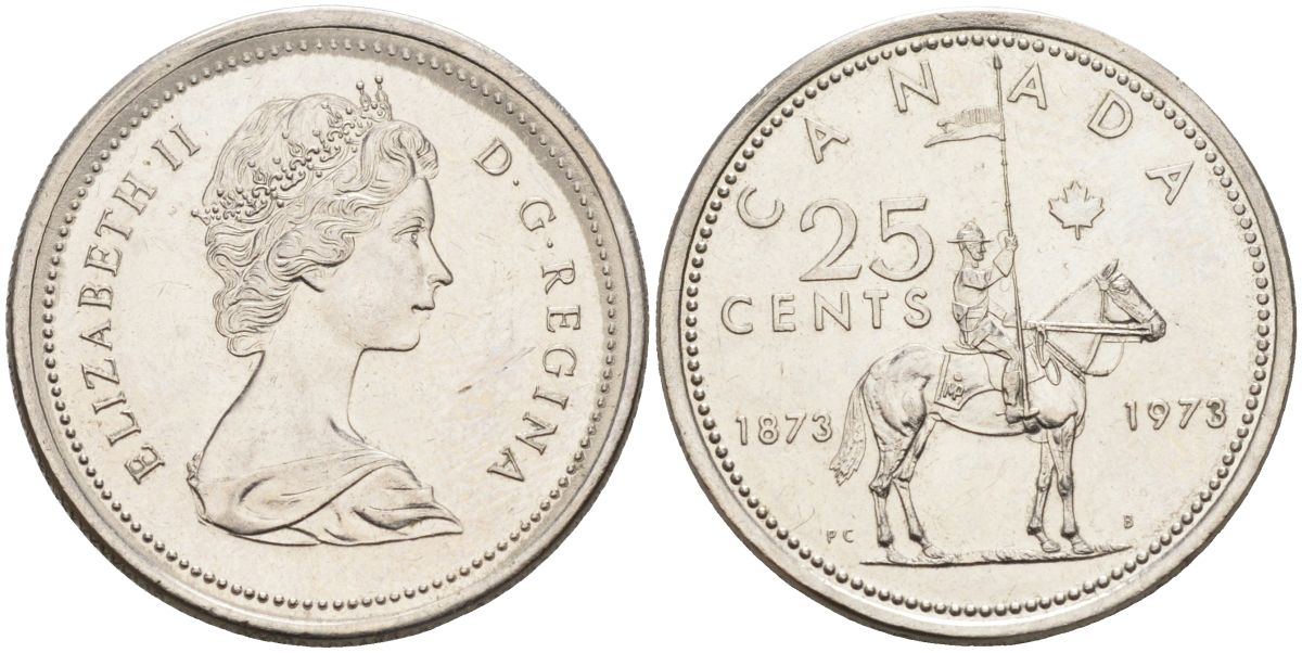 Канада 25 центов 1973 100 лет канадской горной полиции (1873-1973), Елизавета II (1952-2022) KM 81 никель 4593-944