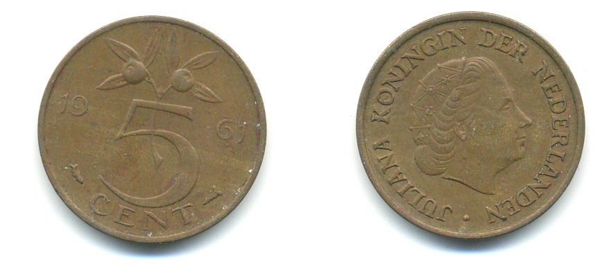 НИДЕРЛАНДЫ 5 ЦЕНТОВ 1961 ЮЛИАНА KM 181 бронза 83-846