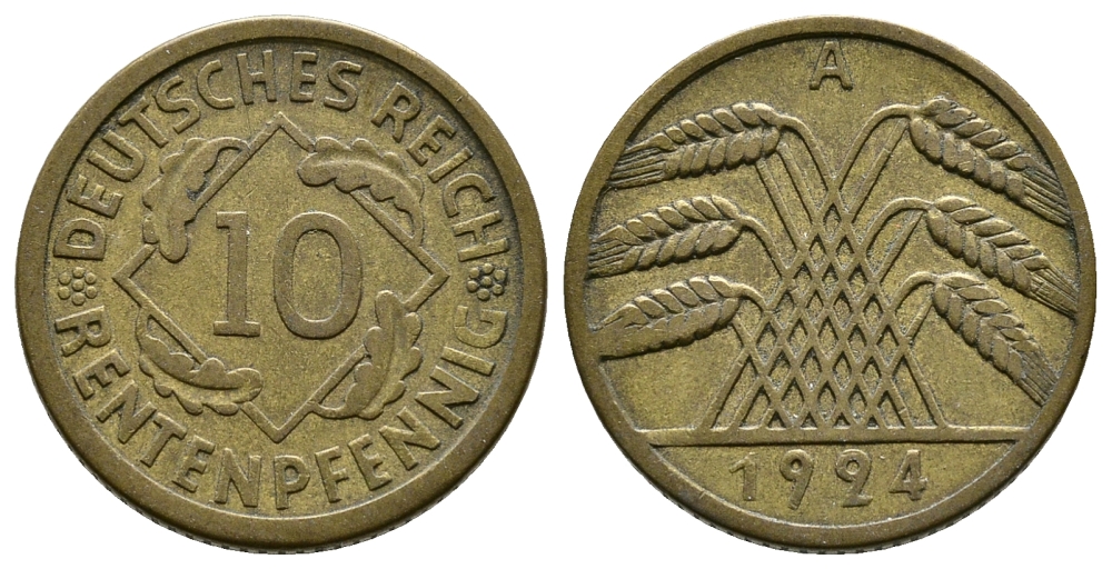 ГЕРМАНИЯ 10 РЕНТЕНПФЕННИГОВ 1924 A KM 33, J. 309, Weege 8 алюминиевая бронза 4380-933