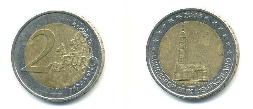 ФРГ 2 евро 2008 J, серия федеральные земли, церковь Св. Михаила в Гамбурге KM 261 биметалл 176-111
