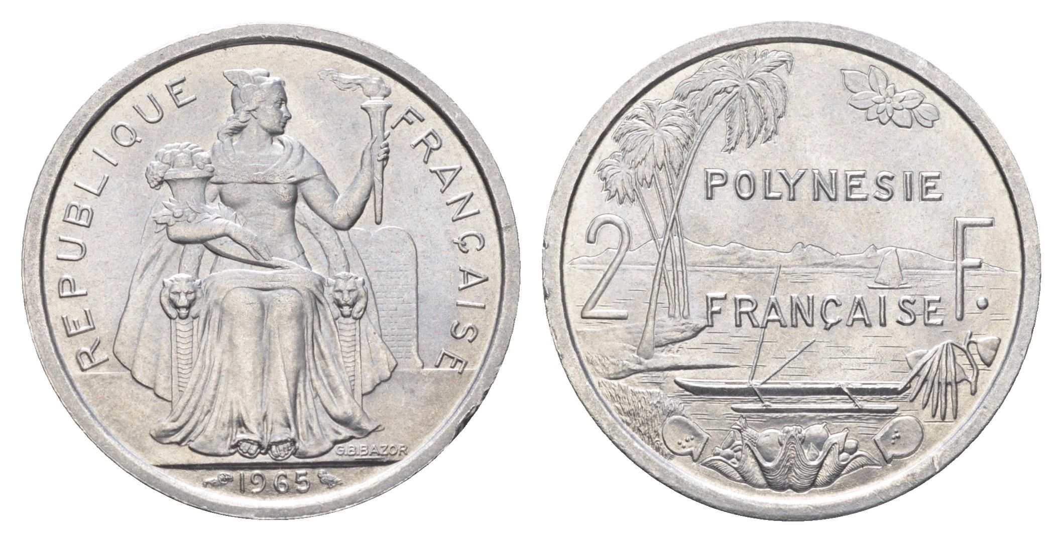 Французская Полинезия 2 франка 1965 год-тип KM 3 алюминий UNC 4666-511