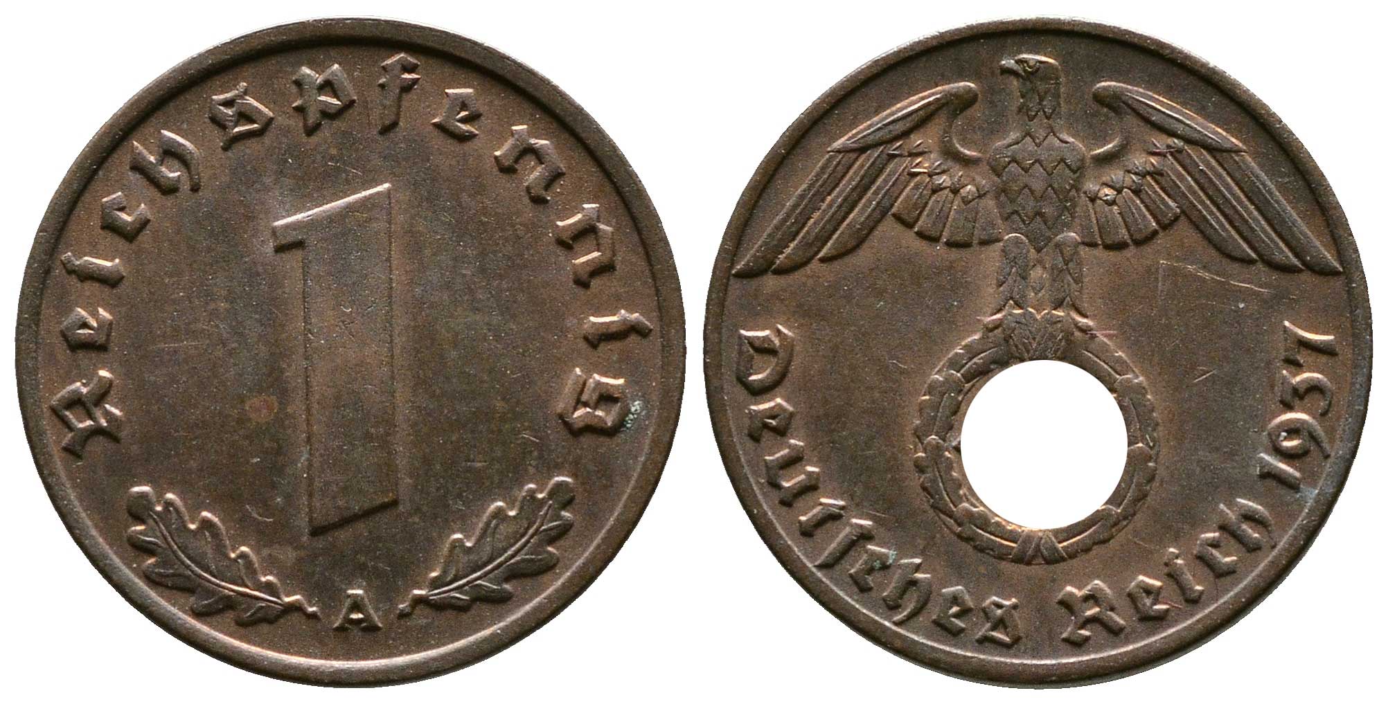Германия 1 рейхспфенниг 1937 A KM 89, J. 361 бронза    220-236