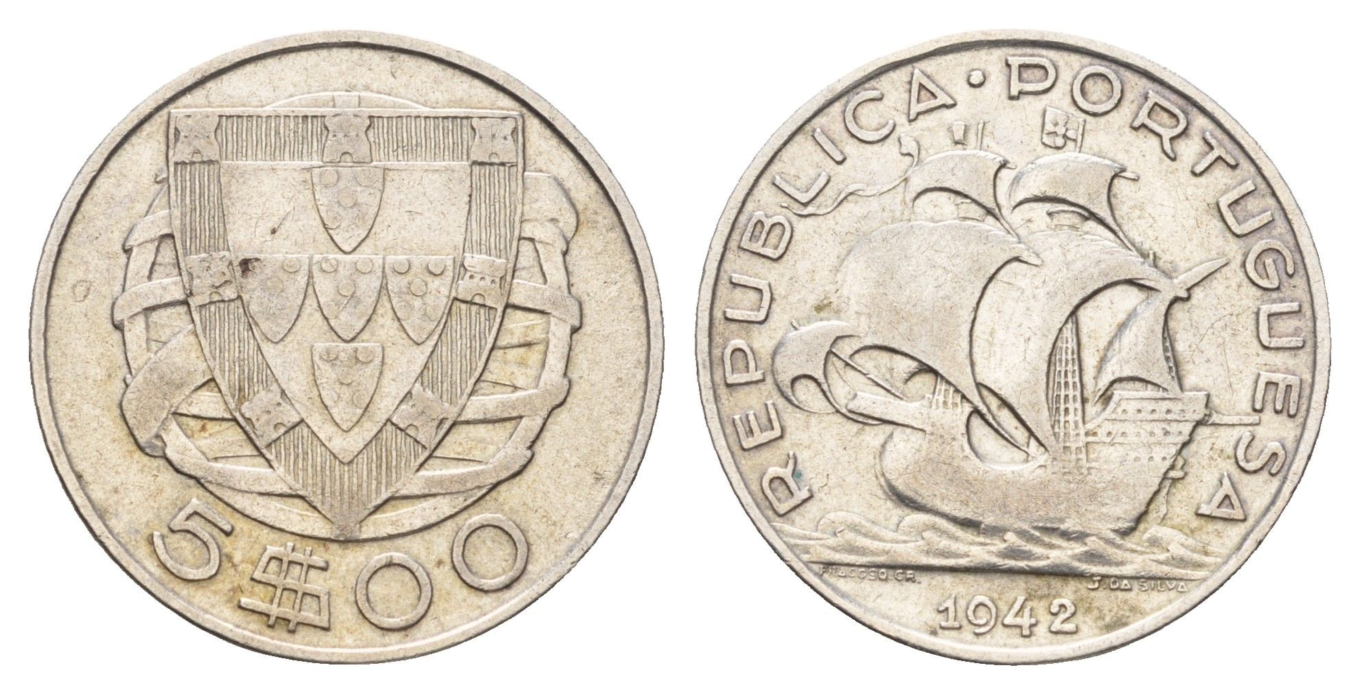 Португалия 5 эскудо 1942 KM 581 серебро 4675-743