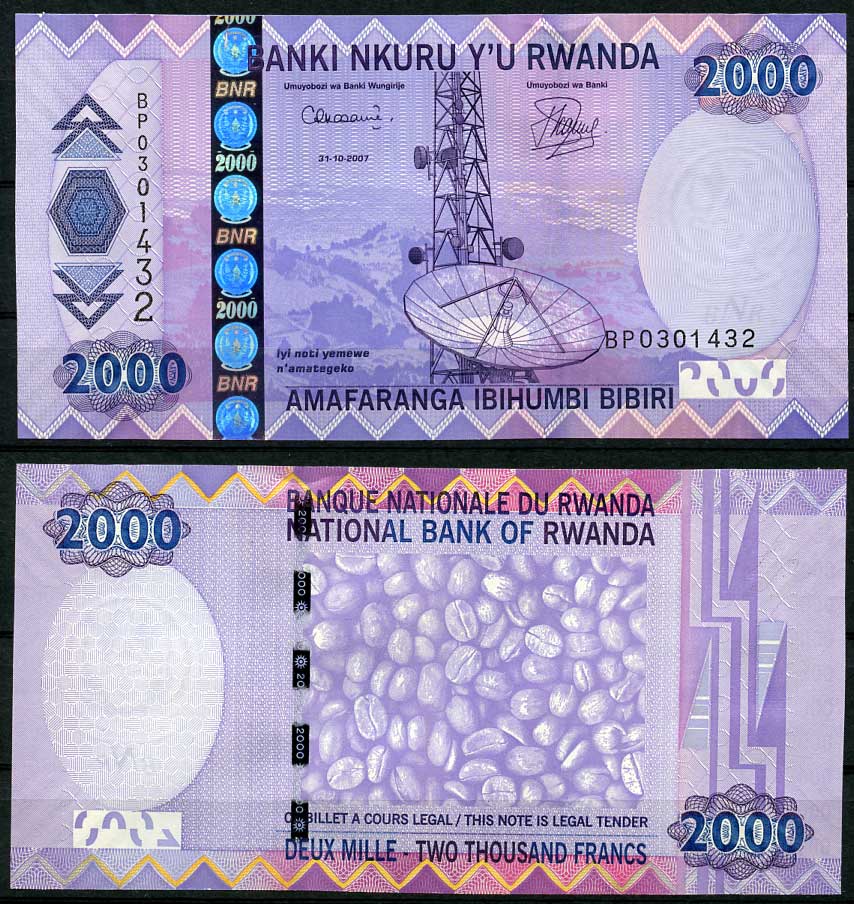 Руанда 2000 франков 2007 спутниковая антенна, радиомачта, кофейные зерна Pick 36  бумага  UNC (пресс) 448-116-1