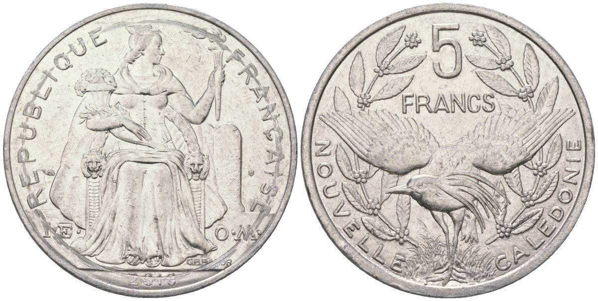Французская Новая Каледония 5 франков 2018 птица кагу, (IEOM) KM 16, Schoen 12, Lec 81k алюминий 4120-125