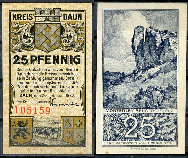 Германия, Даун 25 пфеннигов 1920 нотгельд, 20.02.1920 Mehl D7.1a бумага UNC (пресс) 8614-46-3-1